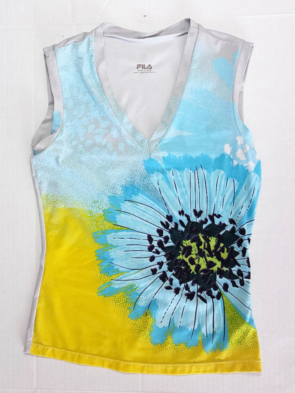 FILA Floral Print V-Neck Performance Tank Top - Size Small - Blue + Yellow